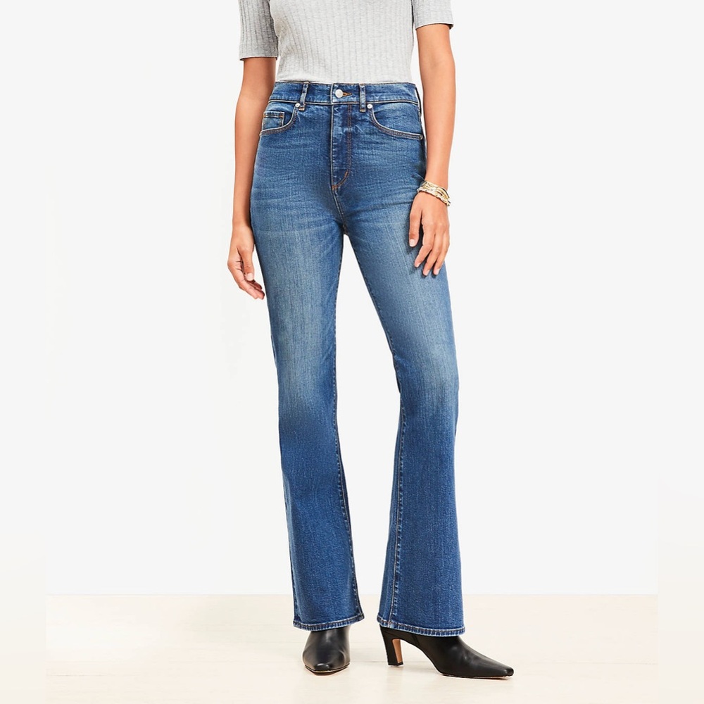 Loft High Rise Slim Flare Jeans in Vintage Dark Indigo Wash